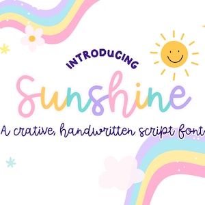 Puede incluir: Gráfico caprichoso con la palabra "Sunshine" en una fuente de escritura colorida. El diseño incluye un sol sonriente, arcoíris, estrellas y el texto "A creative, handwritten script font."