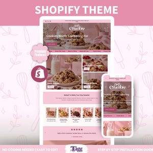 May include: A Shopify website theme template displayed on a desktop and mobile screen, featuring a pink colour scheme, cookie imagery, and the text Crumbs, Cookies Worth Crumbling For, Premium Features, and Tigg, with a background of baking tools.