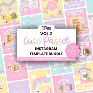 May include: A digital bundle of Instagram templates featuring pastel colour palettes, rainbow graphics, and flower motifs. The central text reads Tigg VOL 2 Cute Pastel INSTAGRAM TEMPLATE BUNDLE. The collection includes various layouts for social media posts.