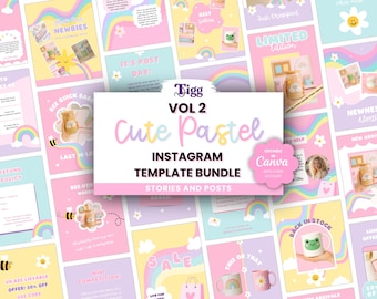 Pastel Instagram Template Bundle, Small Business Canva Social Media Kit, Rainbow Posts and Stories, Etsy Shop Marketing Templates PRC01
