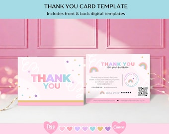 Modelo de cartão de agradecimento do Canva, encarte divertido para embalagem com tema arco-íris, cartão de pedido para negócios artesanais, encarte para loja de presentes RSC01