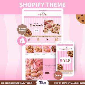 May include: A Shopify website theme template displayed on a desktop and mobile interface. The design features a pink striped background, cookie imagery, and text including "Shop Our New Stock," "Limited Edition," "Welcome to Our Sweet Little World," and "SALE."