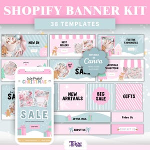 Puede incluir: Un kit de banners para Shopify con 38 plantillas de temática navideña en tonos pastel. La colección incluye varios gráficos rectangulares y cuadrados en rosa, azul claro y blanco, con textos como New In, Best Sellers y Sale.