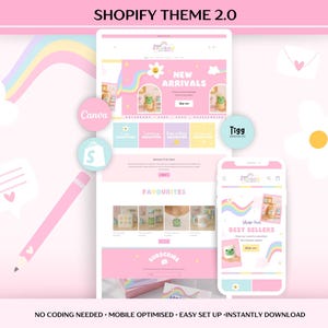 Peut inclure: Maquette numérique d'un thème Shopify, présentant une conception de site Web sur ordinateur de bureau, tablette et téléphone mobile. Le thème présente une palette de couleurs rose pastel et bleu clair avec des graphiques arc-en-ciel et fleurs. Le texte comprend "Shopify Theme 2.0".