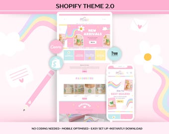 Pastel Shopify Theme | Cute Colorful Shopify Website Template for Small Business | Pink Kawaii Gift Shop Shopify 2.0 PRC01