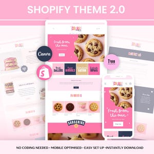 May include: A digital website template for a cookie shop featuring a pink and white color scheme. The layout includes sections for fresh cookies, best sellers, new arrivals, and a subscribe button. The design is displayed on desktop and mobile screens.