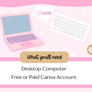 Pode incluir: Um laptop rosa, teclado e x&iacute;cara de caf&eacute; com um design em forma de cora&ccedil;&atilde;o em um fundo rosa. A imagem inclui o texto "Canva" e "What you'll need: Desktop Computer, Free or Paid Canva Account."
