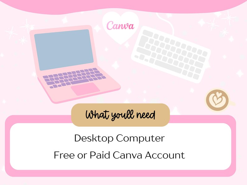 Pode incluir: Um laptop rosa, teclado e x&iacute;cara de caf&eacute; com um design em forma de cora&ccedil;&atilde;o em um fundo rosa. A imagem inclui o texto "Canva" e "What you'll need: Desktop Computer, Free or Paid Canva Account."