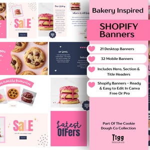 Editable bakery website banner templates for Shopify, showing pink modern pop Canva banners for an online bakery, cookie shop or dessert business.