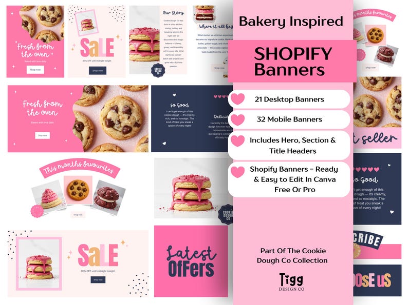 Editable bakery website banner templates for Shopify, showing pink modern pop Canva banners for an online bakery, cookie shop or dessert business.
