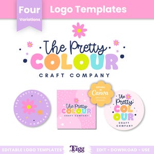 以下が含まれることがあります： The Pretty Colour Craft Companyの4つのロゴテンプレート。ピンク、黄色、青、紫のアクセントカラーを使った遊び心のあるデザインです。花柄のアイコン、円形や正方形のレイアウト、Canvaで編集可能なテキストが含まれています。