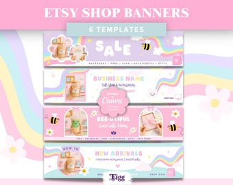 Etsy Shop Banner Template | Pastel Rainbow Canva Etsy Banner Set | Cute Editable Etsy Banner Bundle for Small Business PRC01