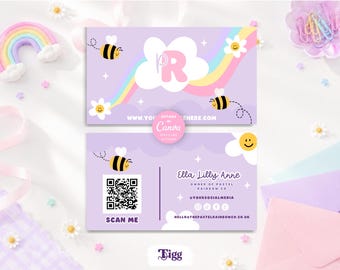 Business Card Template | Purple Pastel Rainbow Canva Card | Cute Editable Small Business Card PRC01