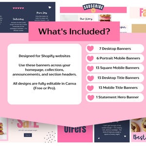 Pode incluir: Modelos de banner de site Shopify rosa e azul marinho. A imagem inclui um banner rosa com o texto "O que est&aacute; inclu&iacute;do?" e uma lista de tipos de banner, incluindo banners para desktop e m&oacute;veis. Os designs s&atilde;o totalmente edit&aacute;veis ​​no Canva.