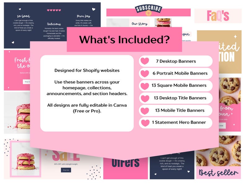 Pode incluir: Modelos de banner de site Shopify rosa e azul marinho. A imagem inclui um banner rosa com o texto "O que est&aacute; inclu&iacute;do?" e uma lista de tipos de banner, incluindo banners para desktop e m&oacute;veis. Os designs s&atilde;o totalmente edit&aacute;veis ​​no Canva.