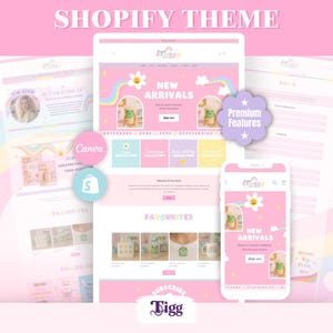 Op de afbeelding: Een digitaal Shopify-thema sjabloon weergegeven op desktop- en mobiele schermen, met een pastelroze kleurenpalet, regenboogaccenten, bloemafbeeldingen en tekst waaronder New Arrivals, Favourites en Premium Features.