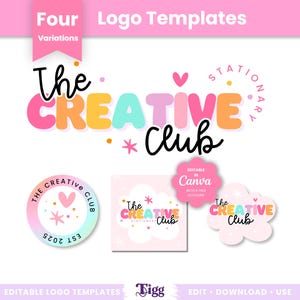 May include: Four logo templates featuring the text The Creative Club in colorful, rounded bubble letters. The designs include a circular badge, a square layout, and a cloud-shaped graphic, all accented with small hearts, stars, and dots.