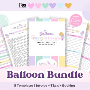 May include: A digital template bundle for balloon party and event planning, featuring five documents including an invoice, contract, and booking details. The pages have pastel-colored stripes, balloon graphics, and text editable in Canva.