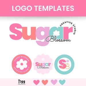 May include: A digital graphic featuring the text Logo Templates at the top. Below, the words Sugar Blossom Creative Studio appear in pink, teal, and light pink. Three circular logo variations are displayed, including a flower icon and the letters SB.