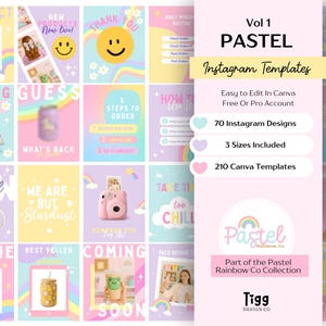 Pastel Rainbow Instagram Templates | 70 Canva Social Media Templates | Colourful Branding Kit | Small Business Instagram Bundle
