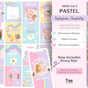 Pastel Instagram Template Bundle, Small Business Canva Social Media Kit, Rainbow Posts and Stories, Etsy Shop Marketing Templates PRC01