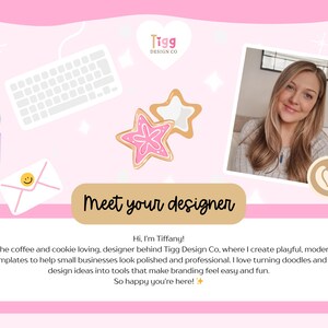 Pode incluir: Gr&aacute;fico rosa com o texto "Meet your designer" e uma foto de uma mulher sorrindo. A imagem inclui um teclado, l&aacute;pis, biscoitos em forma de estrela e um envelope.