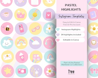 Instagram Highlight Covers, Pastel Rainbow Canva Icons, Cute Editable Instagram Covers for Small Business Gift Shops PRC01