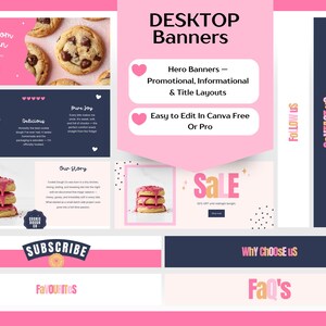 Pode incluir: Um conjunto de banners de desktop rosa e azul marinho com texto como "Fresh from the oven", "So Good" e "Sale". Os banners apresentam imagens de biscoitos e o texto "Easy to Edit In Canva Free Or Pro".