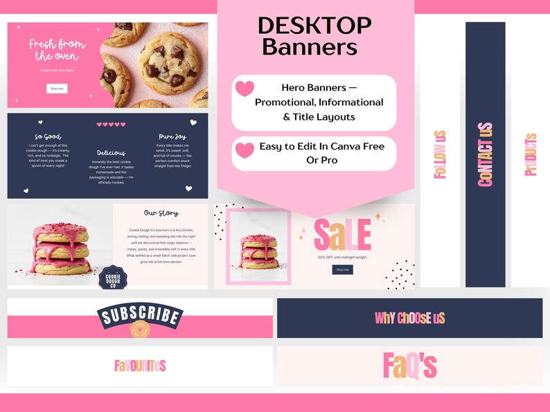 Pode incluir: Um conjunto de banners de desktop rosa e azul marinho com texto como "Fresh from the oven", "So Good" e "Sale". Os banners apresentam imagens de biscoitos e o texto "Easy to Edit In Canva Free Or Pro".