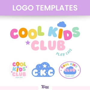 May include: A collection of logo templates featuring the text COOL KIDS CLUB PLAY CAFE in pastel colours including pink, yellow, blue, and green. The designs incorporate cloud and star shapes, with variations including a circular layout and a cloud icon.