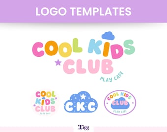 May include: A collection of logo templates featuring the text COOL KIDS CLUB PLAY CAFE in pastel colors including pink, yellow, blue, and green. The designs incorporate cloud and star shapes, with variations including a circular layout and a cloud icon.