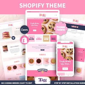 May include: A Shopify website theme template for a cookie shop featuring a pink and white color scheme. The layout displays product pages, a contact form, and a mobile view. Text includes Shopify Theme, Canva, Premium Features, and Tigg.