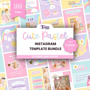 Könnte beinhalten: Ein digitales Bündel von 100 Instagram-Vorlagen mit einer Pastellfarbpalette, Regenbögen, Wolken und Gänseblümchen-Grafiken. Der zentrale Text lautet Tigg Cute Pastel Instagram Template Bundle, ergänzt durch Stories and Posts.