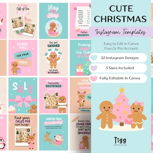 Puede incluir: Plantillas de Instagram navideñas con diseños de hombrecitos de jengibre, árboles de Navidad y texto festivo. Fáciles de editar en Canva, incluyen 32 diseños y 3 tamaños.