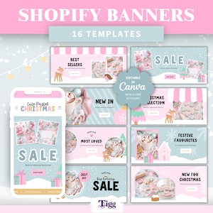Puede incluir: Una colección de 16 plantillas digitales de banners para Shopify con temática navideña en tonos pastel. Los diseños incluyen textos como BEST SELLERS, SALE, NEW IN, CHRISTMAS COLLECTION, MOST LOVED, FESTIVE FAVOURITES y NEW FOR CHRISTMAS, editables en Canva.
