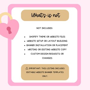 Pode incluir: Gr&aacute;fico rosa e branco com o texto "What's is not" e uma lista de itens n&atilde;o inclu&iacute;dos. Um cadeado rosa em forma de cora&ccedil;&atilde;o est&aacute; no canto superior esquerdo. O texto "IMPORTANTE: ESTA LISTAGEM INCLUI APENAS MODELOS DE BANNER DE SITE EDIT&Aacute;VEIS" est&aacute; na parte inferior.