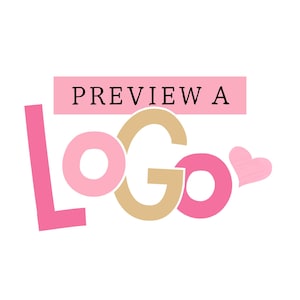 Könnte beinhalten: Ein Logo-Design mit dem Text "PREVIEW A LOGO" in einem verspielten, femininen Stil. Das Wort "LOGO" ist in Rosa und Beige gehalten, mit einer rosa Herzgrafik. Der Text "PREVIEW A" ist in Schwarz auf einem rosa Rechteck.