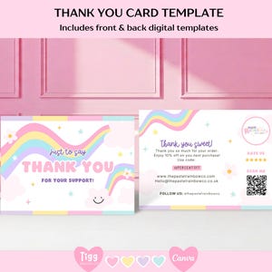 May include: A pastel-colored thank you card template with front and back digital designs. The front features a rainbow, clouds, and the text "Thank You". The back includes a thank you message, discount code, and contact information.