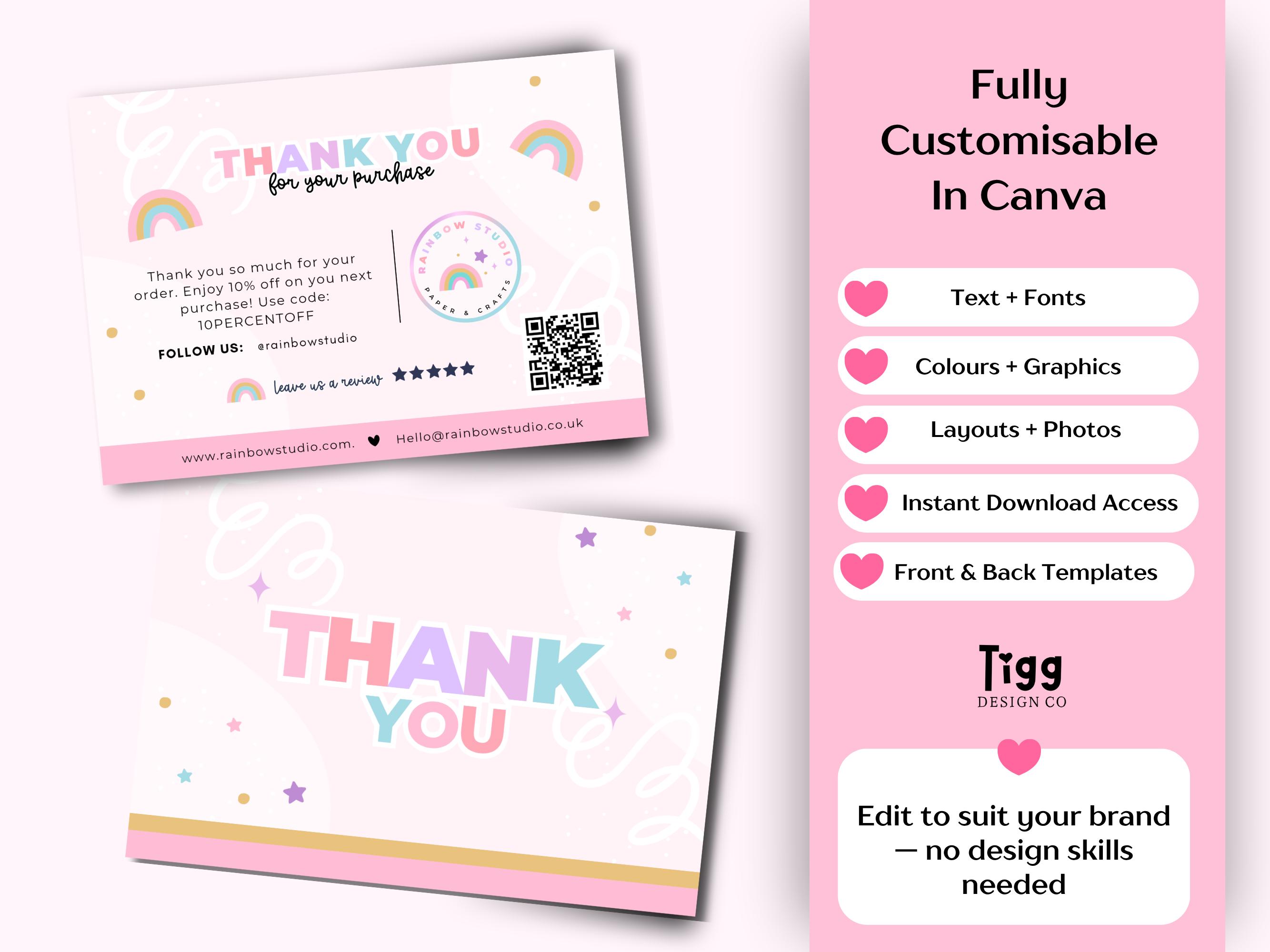 Thank You Card Template Canva | Playful Pastel Rainbow Packaging Insert ...