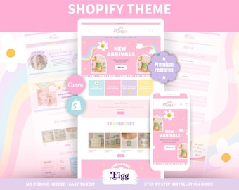 Cute Shopify Theme | Pastel Rainbow Website Template | Pink Gift Shop Ecommerce | Canva Banners PRC01