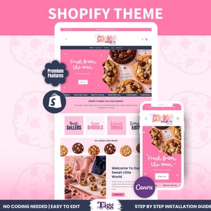 May include: A Shopify website theme template for a cookie business, featuring a pink and white colour scheme, cookie imagery, and text including Cookie Dough Co, Fresh from the oven, Best Sellers, New Arrivals, Latest Offers, and Limited Edition.