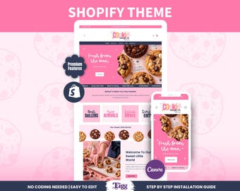 Può includere: Un modello di tema per sito web Shopify per un'attività di biscotti, con uno schema di colori rosa e bianco, immagini di biscotti e testo che include Cookie Dough Co, Fresh from the oven, Best Sellers, New Arrivals, Latest Offers.