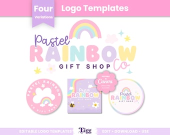 Pastel Rainbow Logo Template, Editable Canva Logo Kit, Gift Shop Logo Bundle, Bakery Logo Template, Cute Small Business Logo PRC01