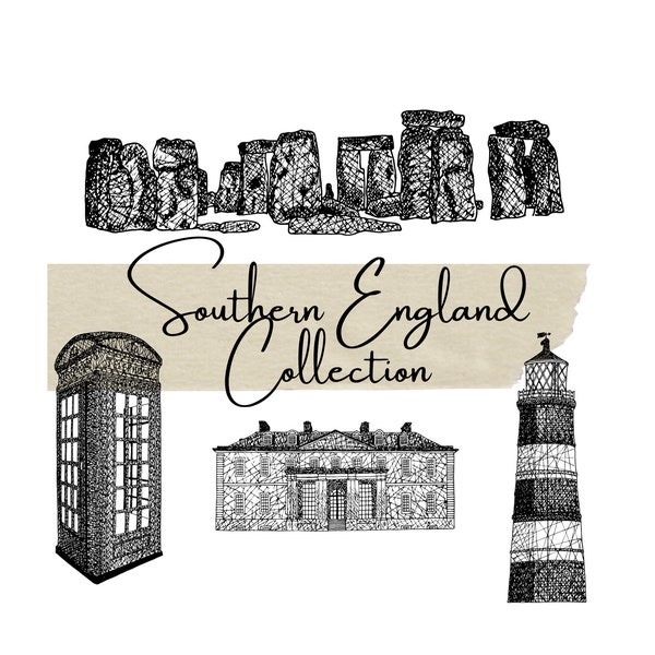 A4 unframed print of hand drawn black and white images of some of Southern England's most iconic landmarks. Perfect Valentine's gift idea.