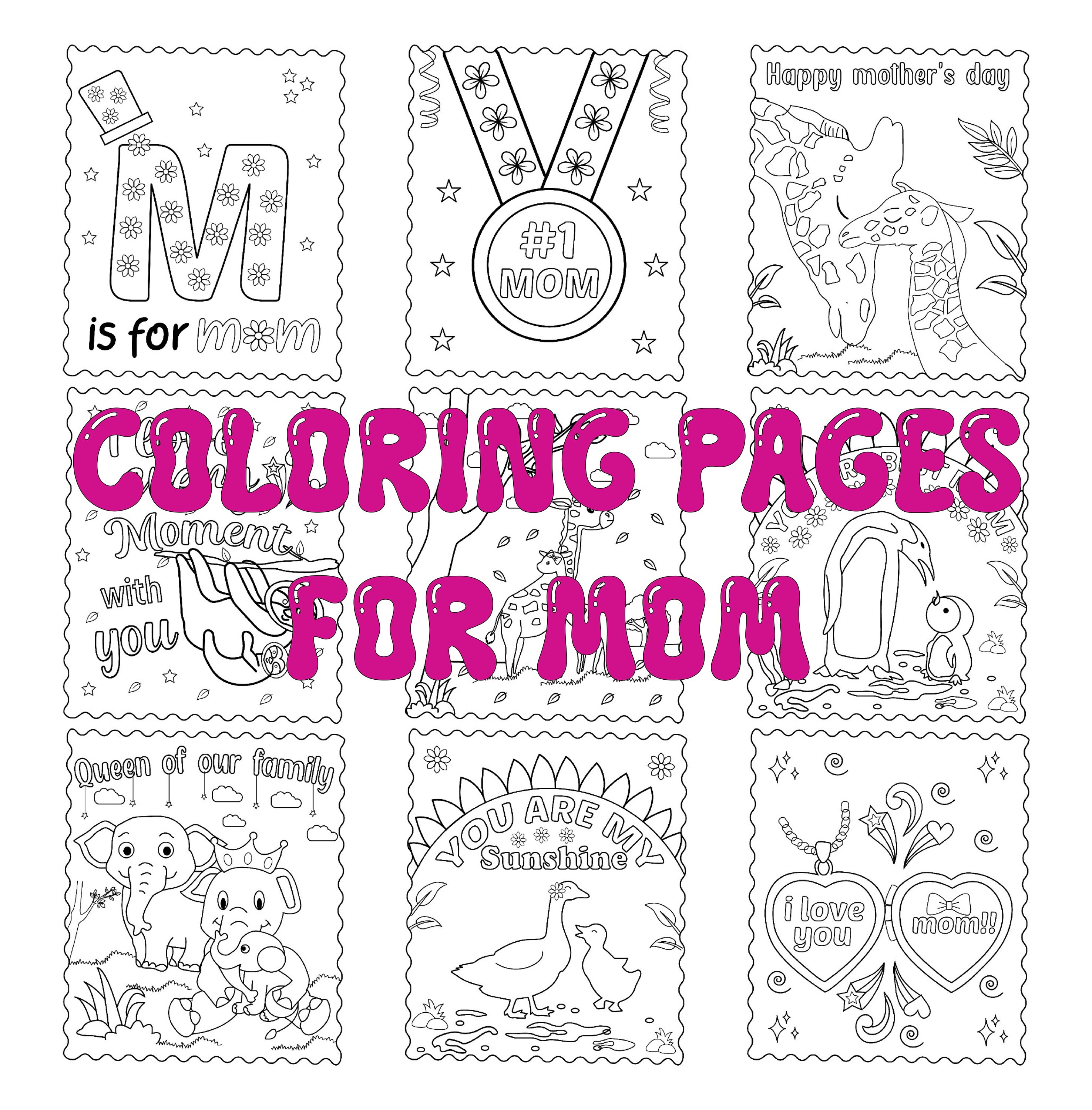 MOTHER'S DAY Coloring Pages for Kids, Cute Printable Gift Activity Sheets, Mom Children Craft ...