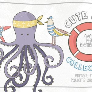 Cute Sea Animals Digital Illustrations Bundle - Hand-Drawn Elements, Patterns, Textures