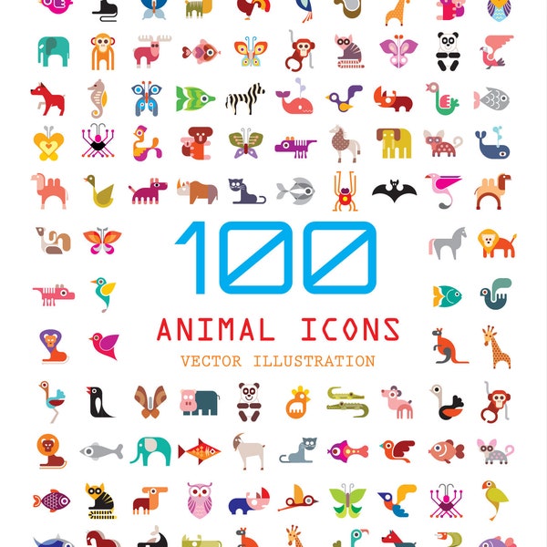 100 Animal Icons: Cute Cartoon Safari Nursery Wall Art Decor Stickers Room Decoration Children Bedroom Wild Animal Theme Party Supplies Pack