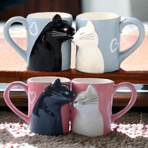 Cat Mug lover gift Kiss two set Cat lover Coffee mug Couple love mug Two Cats Mug Black Cat Mug for Kitty Animal Shaped Cat Mug Gift Cat Mom