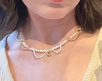 Handmade Pearl Beaded Choker – Coquette Fairycore Necklace with Crystal Charm