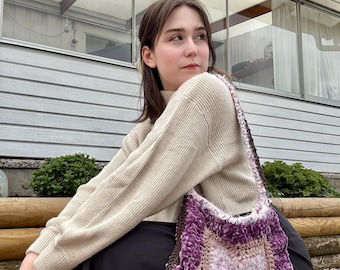 Handmade Crochet Star Shoulder Bag – Purple & Neutral, Whimsi Goth Tote